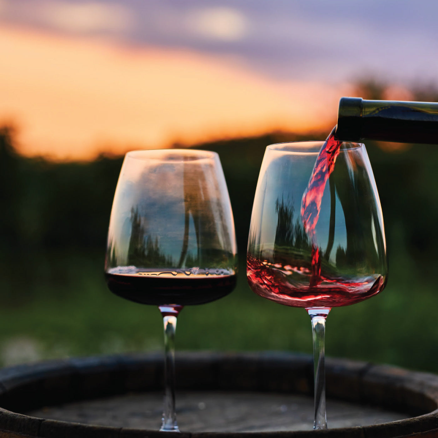 Two side-by-side wine glasses being filled with red wine. 